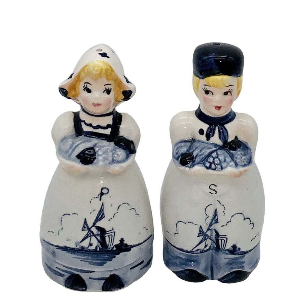 Vtg Dutch Boy & Girl Salt Pepper Shakers DELFT style windmill Cottage Country